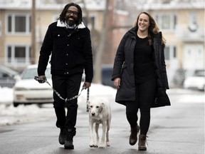 Khan Bouba-Dalambaye and Megan Glendon walk their dog, Bandit, in LaSalle. With the couple working from home during the first several months of the pandemic, making space for one another was "one of the more challenging things," Bouba-Dalambaye says.