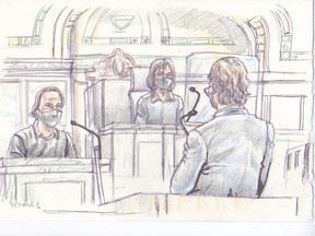 Greg Fenske (left) being cross-examined by the attorney general of Canada Scott Farlinger (back) at the bail hearing for Peter Nygard on Jan.19, 2021. Centre, Court of QueenÕs Bench justice Shawn Greenberg. Canadian fashion mogul Peter Nygard faces charges in the United States of using his influence to lure women and girls for sex. La Libert Manitoba/Tadens Mpwene/Pool
