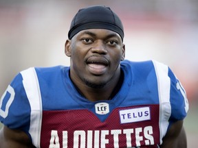 Montreal Alouettes linebacker Henoc Muamba takes part in the pre-game warmup before facing the Toronto Argonauts in Montreal on Aug. 24, 2018.
