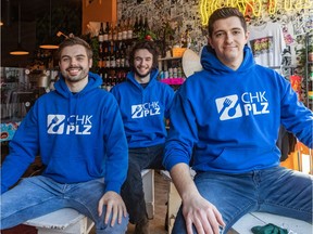 The three founders, Eric Haniak, Olivier Eydt and Roberto Casoli, left to right, of the start-up CHK PLZ, an app that helps people order restaurant deliveries online.