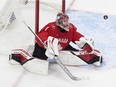 Canada's goalie Devon Levi makes a save against Russia during the IIHF World Junior Hockey Championship semifinal action on Jan. 4 in Edmonton.