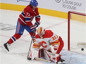 Montreal Canadiens' Tyler Toffoli (73) scores short-handed goal on Calgary Flames' David Rittich during second period in Montreal on Jan. 28, 2021.
