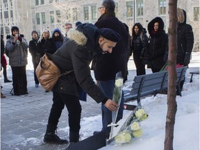 McGill Islamic studies professor Pasha Khan lays a rose in January 2020 at the base of a tree that was planted at the school to commemorate the victims of the Quebec City mosque massacre.