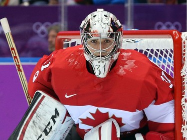 Carey Price of Canada in action against Norway during second period action of the men's hockey preliminary round held at the Bolshoy Ice Dome during the Sochi 2014 Olympic Games, February 13, 2014.