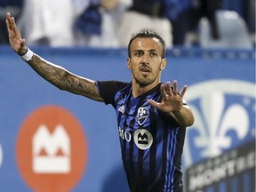 Montreal Impact's Maximiliano Urruti celebrates his goal against the Vancouver Whitecaps during first half MLS action in Montreal on Wednesday August 28, 2019.