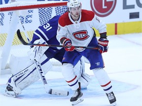 Canadiens' Josh Anderson screens Leafs goalie Frederik Andersen Wednesday night. The forward scored twice in his debut with the Habs.