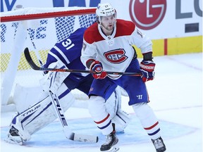 Josh Anderson of the Montreal Canadiens skates in front of Frederik Andersen of the Toronto Maple Leafs at Scotiabank Arena in Toronto on Jan. 13, 2021.
