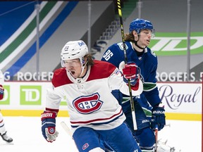Tyler Toffoli of the Montreal Canadiens celebrates after scoring his third goal of the game against the Vancouver Canucks at Rogers Arena on Jan. 20, 2021, in Vancouver.
