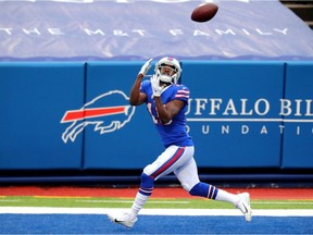 John Brown of the Buffalo Bills catches a touchdown pass from Josh Allen in the second quarter against the Miami Dolphins at Bills Stadium on Jan. 3, 2021 in Orchard Park, N.Y.