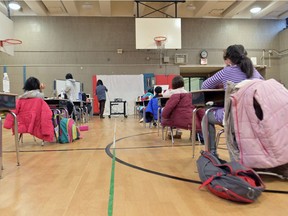 A view of 1st grade students in the gym at Yung Wing School P.S. 124 on January 13, 2021 in New York City. New York City Public Schools continue to adapt learning environments during the COVID-19 pandemic.