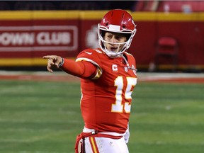 Patrick Mahomes of the Kansas City Chiefs celebrates in the fourth quarter against the Buffalo Bills during the AFC Championship game at Arrowhead Stadium on Sunday, Jan. 24, 2021, in Kansas City, Mo.