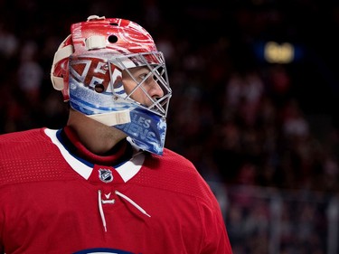 Carey Price watches the play during pre-season NHL action against the New Jersey Devils at the Bell Centre in Montreal on Thursday September 21, 2017.