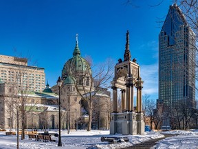The pedestal that previously held the statue of Sir John A. Macdonald, Canada's first prime minister, stands empty at Place du Canada in Montreal on Thursday January 7, 2021. The statue of Macdonald was vandalized, toppled and decapitated during a defund the police protest on August 29, 2020.