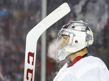 Carey Price #31 of the Montreal Canadiens looks on during a stoppage of play at the 2017 Scotiabank NHL 100 Classic against the Ottawa Senators at Lansdowne Park on December 16, 2017 in Ottawa, Canada.