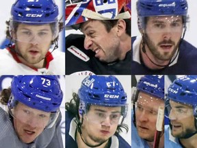 New Canadiens players in 2021. Top, from left: Josh Anderson, Jake Allen, Joel Edmundson. Bottom, from left: Tyler Toffoli, Alexander Romanov, and taxi squad backups Corey Perry and Michael Frolik.