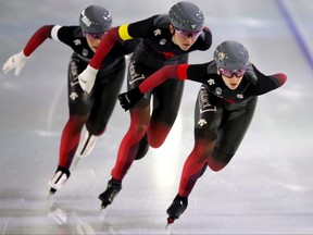 Valerie Maltais of Saguenay, Ivanie Blondin and Isabelle Weidemann of Canada compete in the Team Pursuit Women during the ISU World Cup Speed Skating at Thialf Stadium on Friday, Jan. 22, 2021, in Heerenveen, Netherlands.