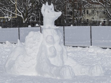A "snow sphinx" was one of the more elaborate snow scupltures in Jeanne-Mance Park on Monday, Jan. 18, 2021.