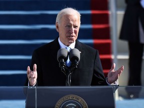 U.S. President Joe Biden delivers his inauguration speech Wednesday at the U.S. Capitol in Washington, DC.