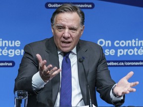 "We've been going in the right direction in the last 10 days, but there's still a long way to go," says Premier François Legault, seen in a file photo.