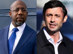 Democrats Raphael Warnock (L) and Don Ossoff (R) are taking early leads in the Georgia U.S. Senate races, as votes comes to a close.