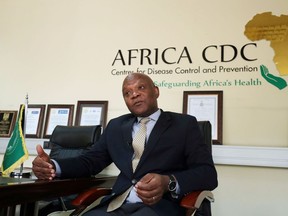 FILE PHOTO: John Nkengasong, Africa's Director of the Centers for Disease Control (CDC), speaks during an interview with Reuters at the African Union (AU) Headquarters in Addis Ababa, Ethiopia March 11, 2020. REUTERS/Tiksa Negeri/File Photo