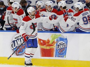 Canadiens forward Tomas Tatar (90) celebrates a third-period goal against the Oilers at Rogers Place in Edmonton on Saturday, Jan. 16, 2021.