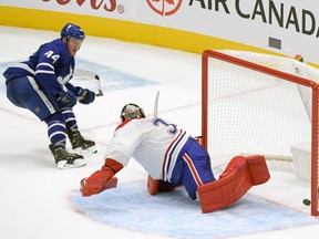 Toronto Maple Leafs defenseman Morgan Rielly (44) scores a goal against Montreal Canadiens goaltender Carey Price (31) during the third period  at Scotiabank Arena. Mandatory Credit: Dan Hamilton-USA TODAY Sports