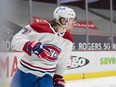 Montreal Canadiens forward Tyler Toffoli (73) celebrates his goal against the Vancouver Canucks in the second period during a game at Rogers Arena.