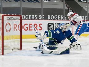 Canadiens forward Tyler Toffoli (73) scores on Vancouver Canucks goalie Thatcher Demko on Jan. 21. Toffoli has five goals so far this season, tied for the league lead.