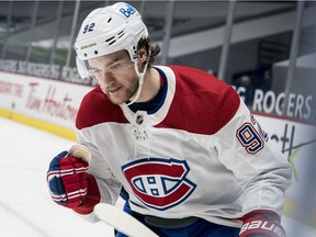 Canadiens forward Jonathan Drouin celebrates after scoring goal in 5-2 win over the Canucks Saturday night in Vancouver.