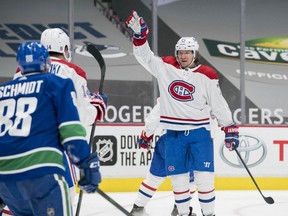 Montreal Canadiens forward Tyler Toffoli celebrates his second goal against the Vancouver Canucks in the second period at Rogers Arena in Vancouver on Jan. 20, 2021