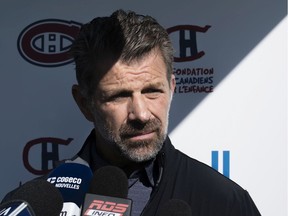 Montreal Canadiens general manager Marc Bergevin responds to a question at the team's annual golf tournament on Sept. 9, 2019.