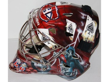 Montreal Canadiens goaltender Carey Price will debut his new mask Oct. 15, 2009 in the Habs' home opener at the Bell Centre. It features a grim reaper riding a motorcycle on both sides, with six aces of spades appearing on the sides, the CH logo on the forehead and, on the chin, skulls and a stylized, half-mirrored PRICE. This mask, conceived by Price and rendered by Toronto-based sports artist and designer David Arrigo, replaces the horseback cowboy motif the goalie has used almost since he arrived in the NHL.