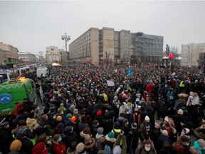 People attend a rally in support of jailed Russian opposition leader Alexei Navalny in Moscowon Saturday, Jan. 23, 2021.