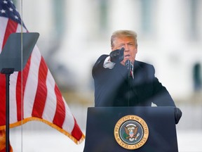 U.S. President Donald Trump gestures as he speaks during a rally to contest the certification of the 2020 U.S. presidential election results by the U.S. Congress in Washington on Jan. 6, 2021.