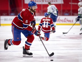 Montreal Canadiens defenceman Shea Weber takes part in the pre-game skate before facing the Vancouver Canucks in Montreal on Feb. 1, 2021.