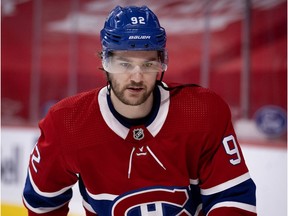 Montreal Canadiens winger Jonathan Drouin takes part in the pregame skate before facing the Vancouver Canucks in Montreal on Feb. 1, 2021.