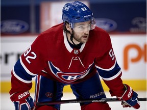 Montreal Canadiens left-wing Jonathan Drouin during action against the Vancouver Canucks in Montreal on Feb. 2, 2021.