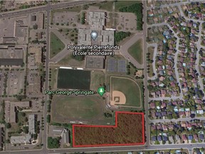 The Pierrefonds-Roxboro borough is considering a proposed eight-storey seniors' residence of 349 units, including 36 care units. The project site (marked off in red) is located at the intersection of Anselme- Lavigne Ave. and Richmond St.