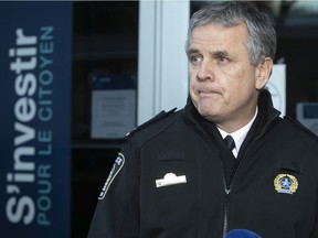Montreal police chief Sylvain Caron apologizes during a news conference to explain about the case of Mamadi Camara on Thursday Feb. 4, 2021.
