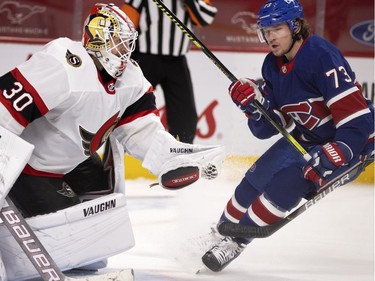 Montreal Canadiens right wing Tyler Toffoli (73) watches as Ottawa Senators goaltender Matt Murray (30) makes a glove save at the Bell Centre on Thursday, Feb. 4, 2021.