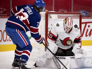 Ottawa Senators goaltender Matt Murray (30) stops Montreal Canadiens right wing Tyler Toffoli (73) at the Bell Centre Thursday, Feb. 4, 2021.