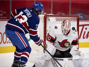 Canadiens' Tyler Toffoli is stymied by Senators goaltender Matt Murray during Thursday night's game at the Bell Centre.