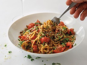 Puttanesca pasta features canned tomatoes, anchovies, garlic, capers, olives and something peppery, like harissa.