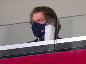 Montreal Canadiens general manager Marc Bergevin watches his team's game against the Toronto Maple Leafs during second period in Montreal on Feb. 10, 2021.