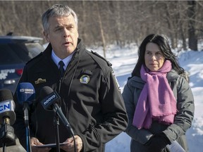 Montreal police Chief Sylvain Caron speaks at press conference on Thursday accompanied with Montreal Mayor Valérie Plante. "The very dramatic events of the past few days with the death of young teenager Meriem Boundaoui have shaken us all," Caron said.