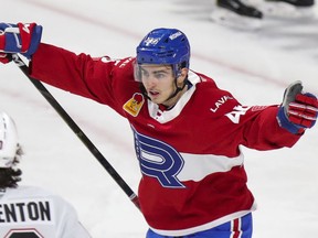 Laval Rocket's Joseph Blandisi celebrates his second goal of the game against the Belleville Senators during second period of American Hockey League game in Montreal on Friday, February 12, 2021.
