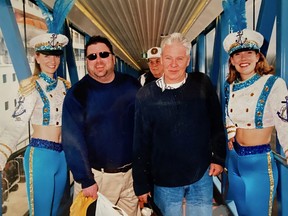 Skip Snair, front, with friend and former radio colleague Terry DiMonte on a cruise ship some two decades ago. Snair died suddenly last week at 77.