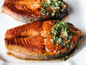 Nancy Silverton accompanies her roasted salmon steaks with big dollops of herb butter.