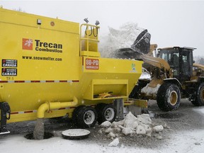 Beaconsfield city crew loads up a snow-melting machine on Monday. The snow is dumped into the machine which melts it and discharges it into the storm sewer.